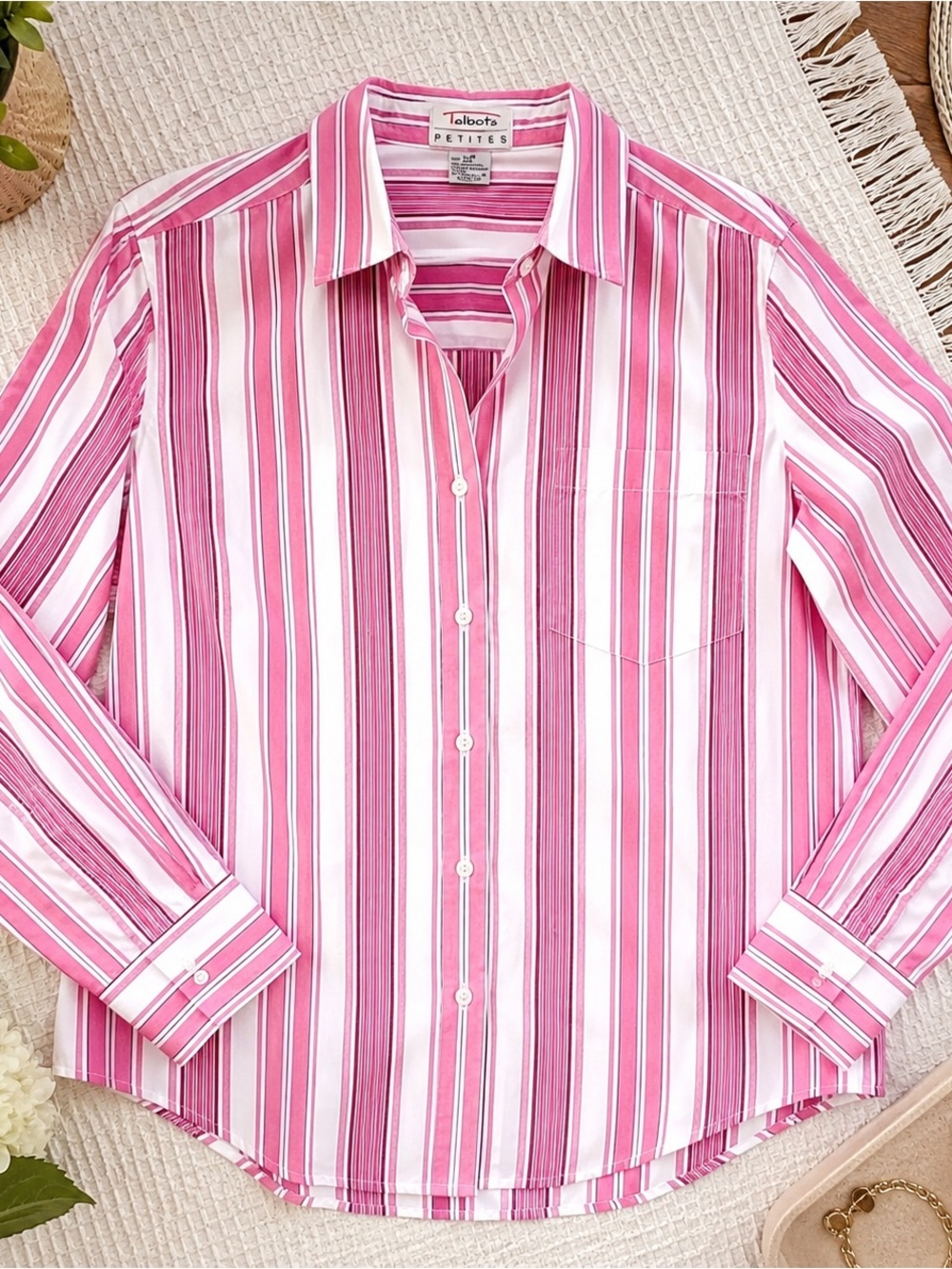 Talbots Petites Pink Stripe Button Down Shirt Wrinkle Resistant PM 100% Cotton